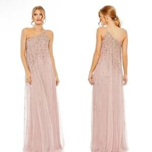 Mac Duggal Porcelain Gold Embellished One-Shoulder Evening Gown Size 6 $598